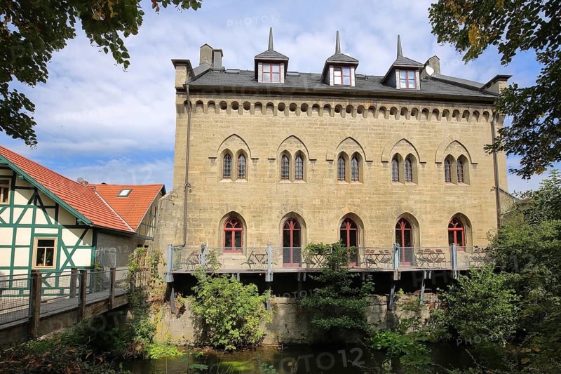 Neo-Gothic Fronveste built in 1845 and footbridge, Meiningen, Thuringia, Germany