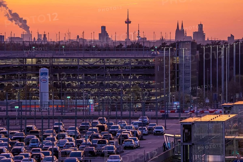 Cologne-Bonn Airport car parks, Cologne city center skyline, Cathedral, North Rhine-Westphalia, Germany