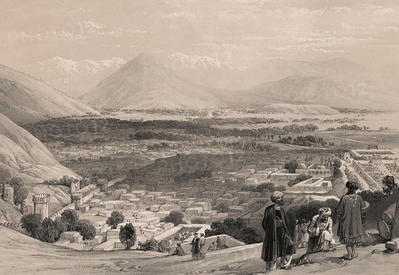 Afghan men standing on a hill overlooking the city of Kabul, Afghanistan, First Anglo-Afghan War, sketch by James Atkinson, 1839