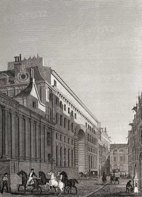 Ecuries du Roi, Rue St Thomas du Louvre, antique steel engraved print, 1831