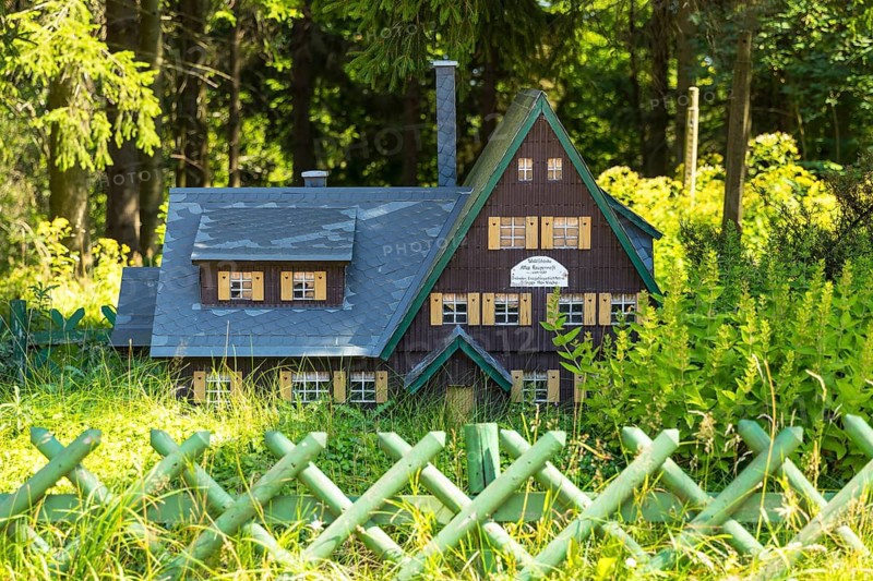 Model building of the restaurant Waldschänke Altes Raupennest in the outdoor area next to the original building, Altenberg, Osterzgebirge, Saxony, Germany