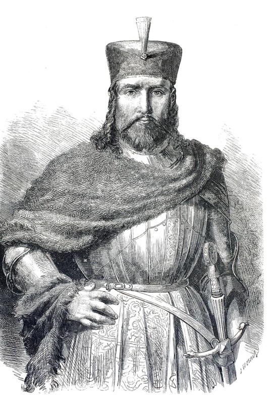 Rodolphe le Noir, Radu Negru, first voivode and founder of the Principality of Wallachia. The illustration dates from the 19th century and depicts an idealized portrait of the ruler in armor, wearing a fur cape and traditional Wallachian headdress, authentic, high-resolution reproduction from a 19th century model, exact date of depiction unknown, historical