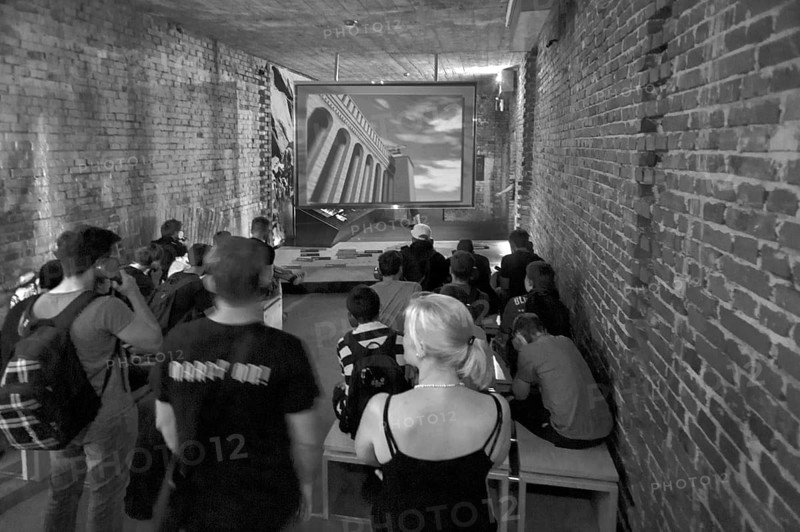 School class in the film screening room of the Documentation Center, Reichsparteitagsgelände, black and white, Nuremberg, Middle Franconia, Bavaria, Germany