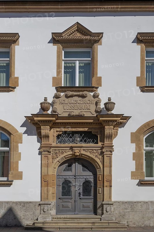 Entrance portal of the former courthouse, Bahnhofsstraße 2, Weißenburg, Middle Franconia, Bavaria, Germany