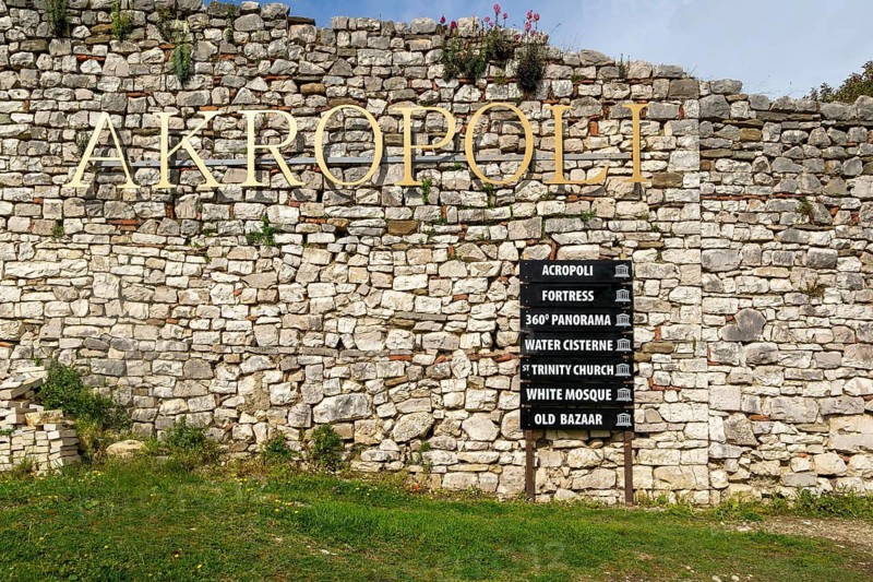 Acropolis sign in citadel area of Berat Castle, Berat, Albania