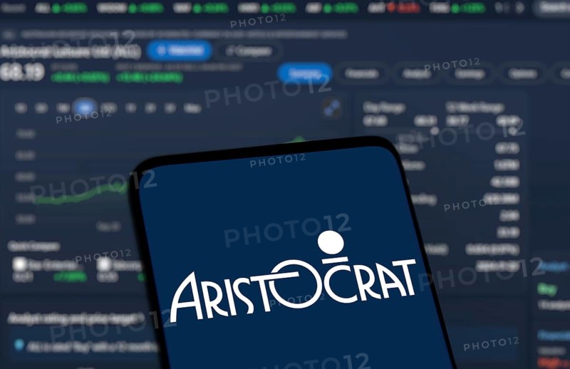 Aristocrat Leisure logo is displayed on smartphone. Aristocrat Leisure Limited is an Australian gambling machine manufacturer company.