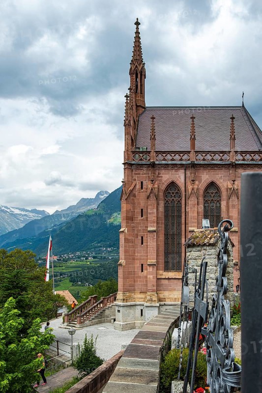 Picturesque cemetery and mausoleum of Archduke Johann on the church hill of Schenna above Meran, in Burggrafenamt, South Tyrol, Italy, for editorial use only, condition 15 June 2019
