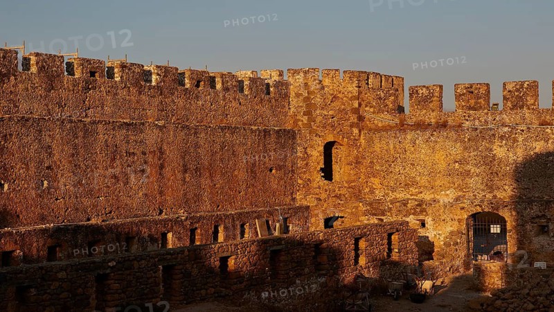 Evening light, interior, walls, battlements, tower, Frangokastello, Venetian fortress, fortress, Sfakia, West Crete, south coast, island of Crete, Greece