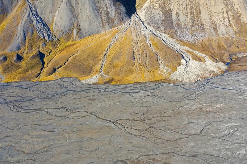 Aerial view over river delta at Skansbukta in the outer Billefjorden, Billefjord, southeast of Dickson Land, Svalbard, Spitsbergen, Norway