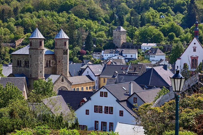 Bird's eye view of the town centre with lantern in Bad Münstereifel, Eifel, Euskirchen district, North Rhine-Westphalia, Germany