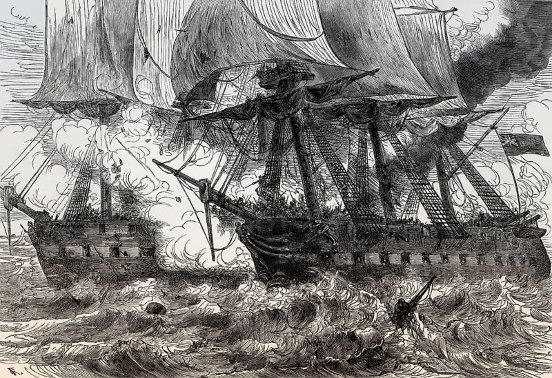 Battle of Boston Harbor on 1 June 1813 between HMS Shannon and of USS Chesapeake, War of 1812, From British Battles on Land and Sea, by James Grant