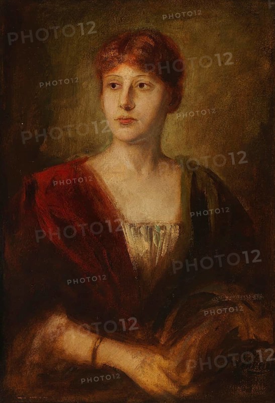 Painting, Reproduction of the painting, Work of art, Historical, Franz Seraph Lenbach, since 1882 Knight of Lenbach (born 13 December 1836 in Schrobenhausen, died 6 May 1904 in Munich), German painter, Munich painter prince, here his work:, Portrait of a young lady (ca. 1870-80), Painting of a woman with red hair, held in warm tones, with serious expression
