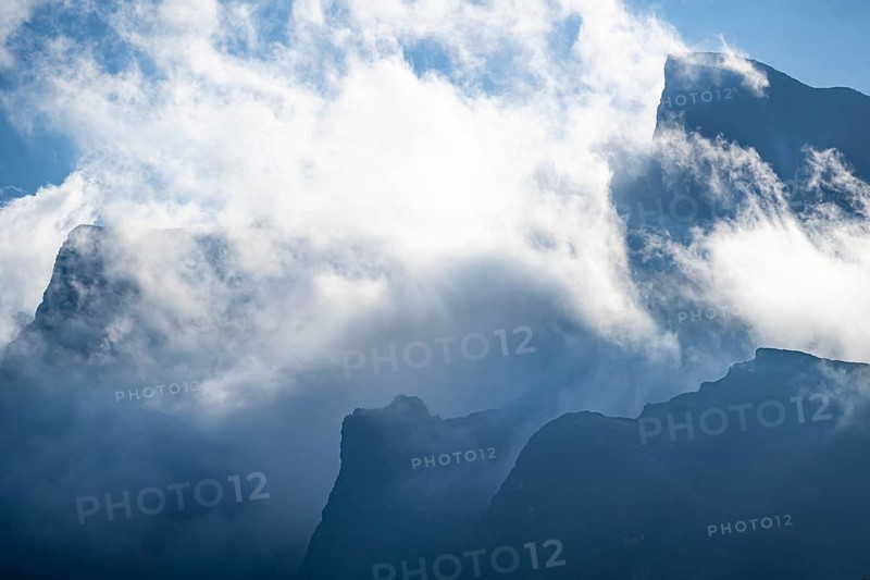 Drakensberg Mountains and Cliffs with Fog, Amphitheatre, Drakensberg National Park, KwaZulu Natal, South Africa