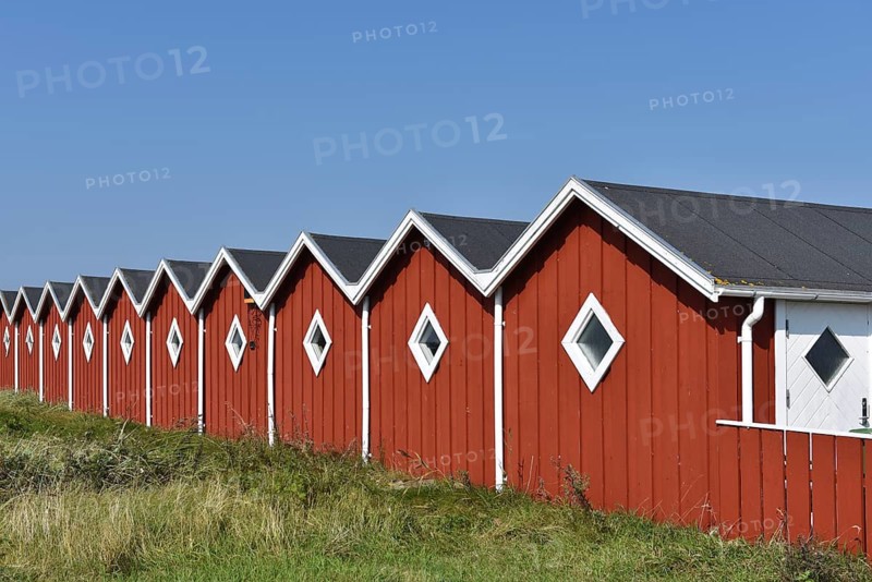 Wooden huts at Haarum harbour, Haarum Havn in Denmark