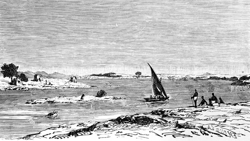 The Blue Nile flows from Ethiopia into the White Nile at Khartoum, confluence, sailing boat, wasteland, Sudan, colonial period, historical illustration 1886
