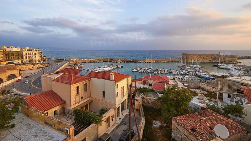 Super wide angle, view over houses to harbour, Venetian sea fortress Koules, Morosini, sailboats, harbour, Heraklion, capital, island of Crete, Greece