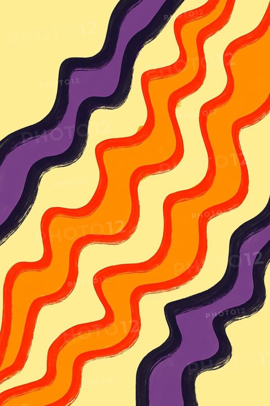 This artwork features flowing waves painted in bold purple, orange, and yellow colors, creating a striking abstract pattern on a creamy background