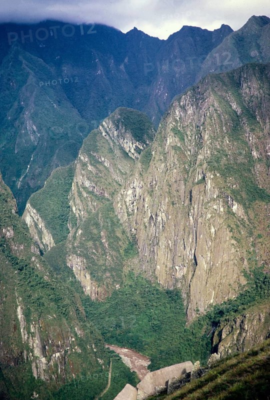 River gorge and mountain peak of Machu Picchu, Peru, South America c 1962 Urubamba River or Vilcamayo River, upstream called Vilcanota River