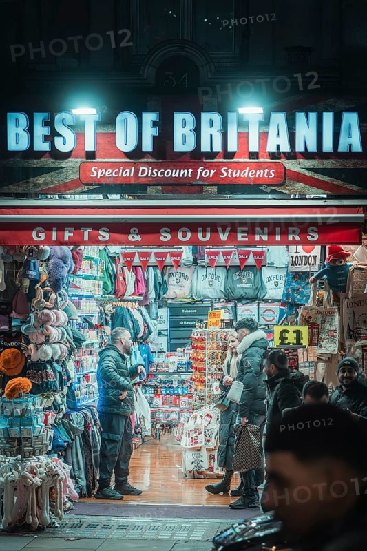 Illuminated gift shop at night, numerous items and customers, New Year's Eve London, Great Britain
