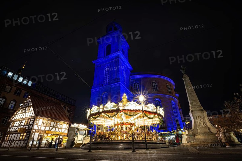 St Paul's Church in Frankfurt am Main will be illuminated in blue in the middle of the Christmas market on 10 December 2024, International Human Rights Day. This commemorates the declaration of the UN Human Rights Charter of 10 December 1948. Frankfurt am Main, Römerberg, Hesse, Germany