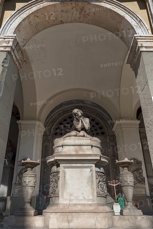 Sculpture in a hall at the Monumental Cemetery, Cimitero monumentale di Staglieno), Genoa, Italy