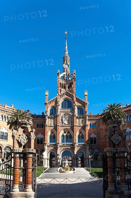 View of the main entrance to the Hospital Santa Creu i Sant Pau in Barcelona, Spain