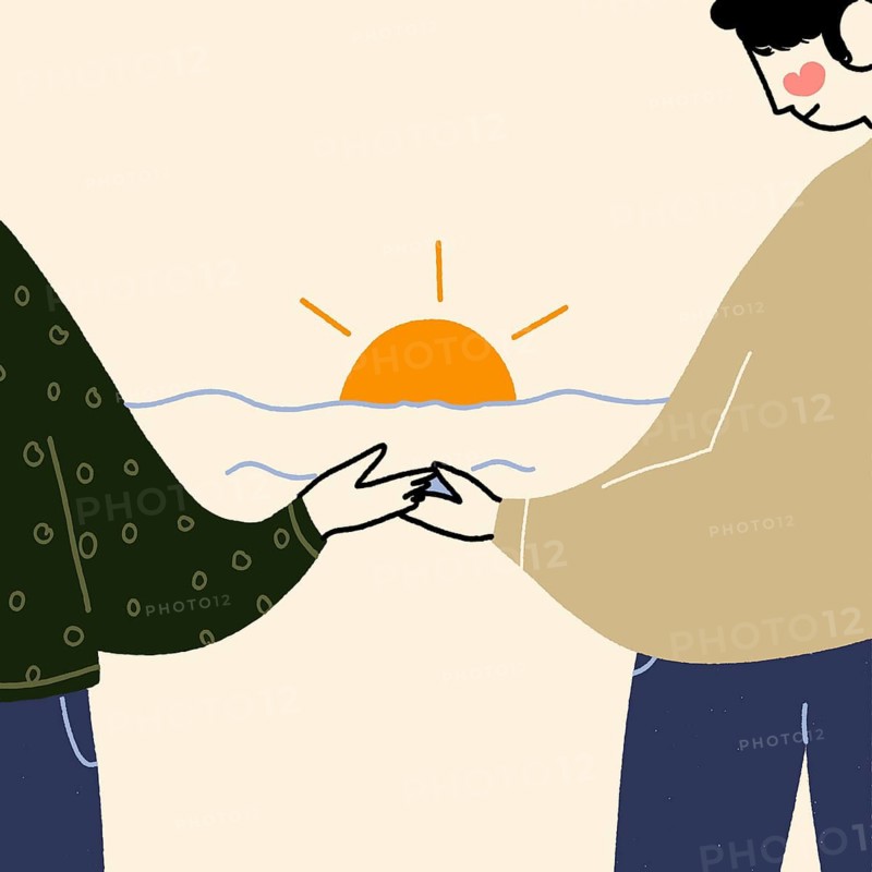 An abstract illustration of two people holding hands against a backdrop of a serene sunset over water, capturing a tender and peaceful moment in soft, warm colors