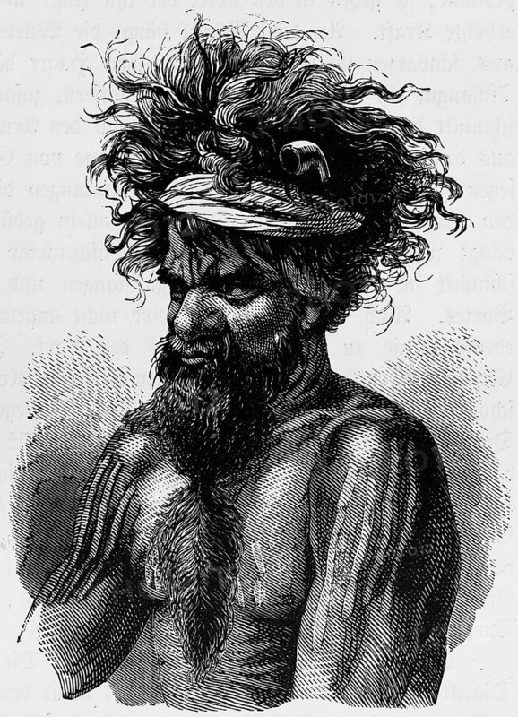 Portrait of an indigenous man, called Austral Negro in the 19th century, headband, beard, tattoo, discrimination, indigenous people of Australia, travelling, historical illustration 1888