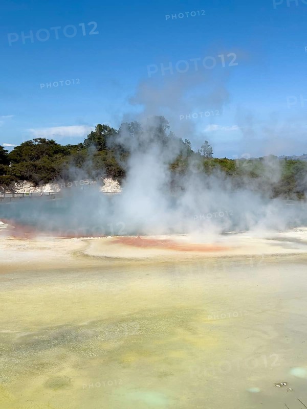 Champagne Pool at the Waiotapu Thermal Track in the colourful geothermal area of Waiotapu Thermal Wonderland, North Island, New Zealand, Oceania