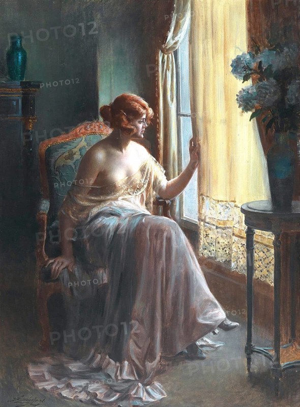 Lady in the Boudoir, Lady in the Boudoir is one of the best-known motifs by the French academic painter Delphin Enjolras (1857-1945) . a young woman in a luxuriously furnished boudoir in a pensive or dreamy pose, creating an atmosphere of calm and self-reflection, Illustration, Reproduction from a painting. Authentic, File restored for optimal use, Exact date of original unknown, Historic, A woman sits at a window pensively contemplating the soft morning light streaming in