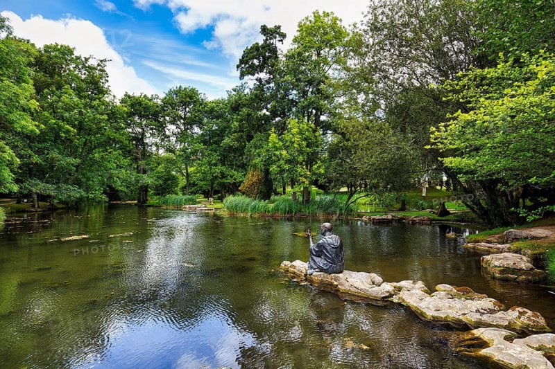 Pond with sculpture in the Garden of St Fiachra, Gardens, Irish National Stud and Gardens, The Irish National Stud, Tully, Kildare, Ireland