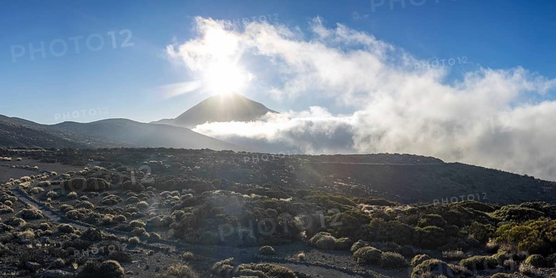 Panorama from east at sunset over the Teide National Park, Parque Nacional del Teide, to Pico del Teide, 3715m, Tenerife, Canary Islands, Spain