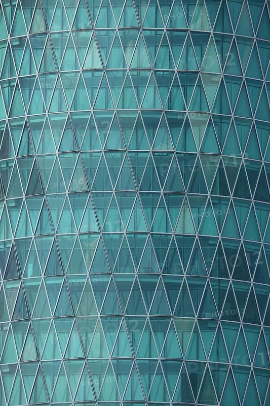 Detail of glass wall with glass window from Westhafen Tower, structure, green, monochrome, pattern, triangular, triangles, geometric, Gutleutviertel, Main, Frankfurt, Hesse, Germany