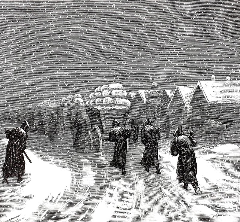Winter, convoy of provisions arriving in Kischeneff, Chisinau, around 1870, Republic of Moldova, illustration, reproduction of a model from the 19th century. Authentic, file restored for optimal use, exact date of submission unknown, historical