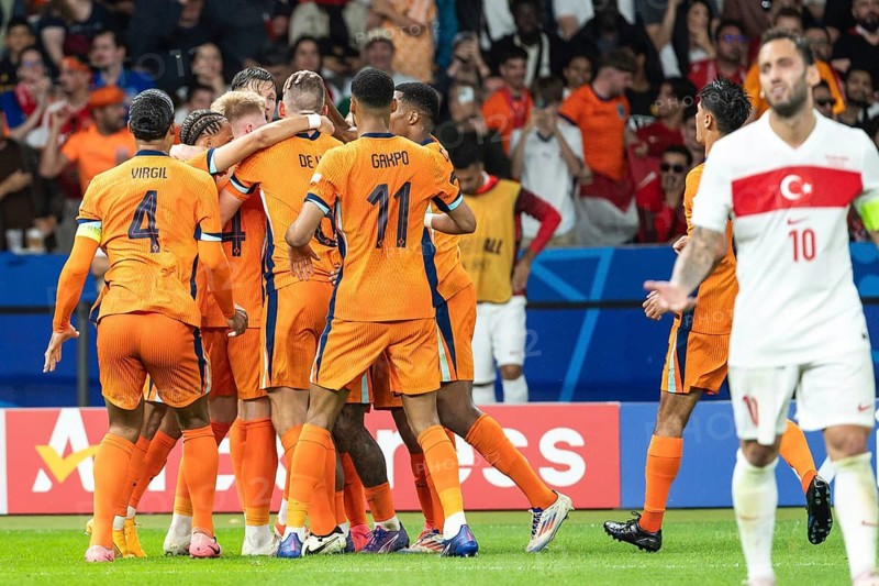 BERLIN, GERMANY - JULY 6, 2024: Euro 2024 quarterfinal match Nederlands vs Turkey (Turkiye) 2:1. Team of Nederlands joy after scoring goal.