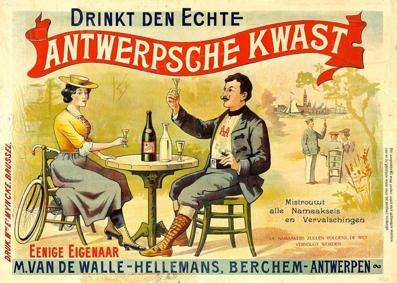 Advertising poster, beverage advertisement, advertising poster from Antwerpsche Kwast shows a couple sitting relaxed at an outdoor table and raising a glass of the advertised drink. The poster promotes Antwerpsche Kwast, a drink sold by owner M. Van De Walle-Hellemans from Berchem-Antwerp. The work of art is designed in the style of the early 20th century and includes warnings of forgeries. The woman sits next to an early model of a bicycle while the man hits with a glass, suggesting a relaxed leisure activity, authentic reproduction of a historic advertising poster, advertising sign, in high resolution