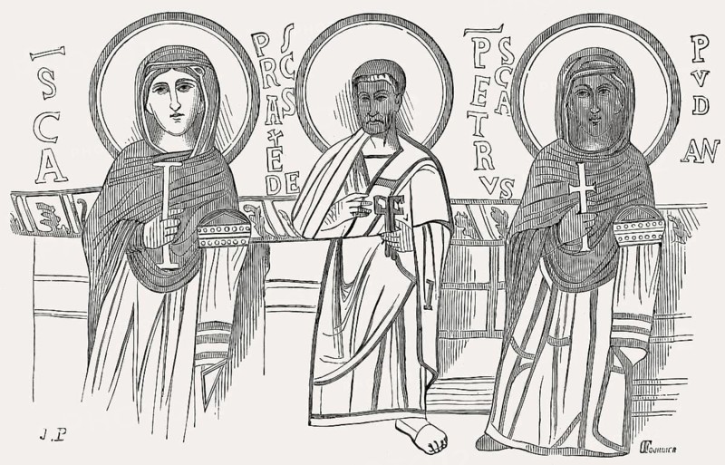 The Saints Praxedes, Pudentiana and Paul the Apostle, mural painting at the Catacomb of Priscilla, Rome, Italy