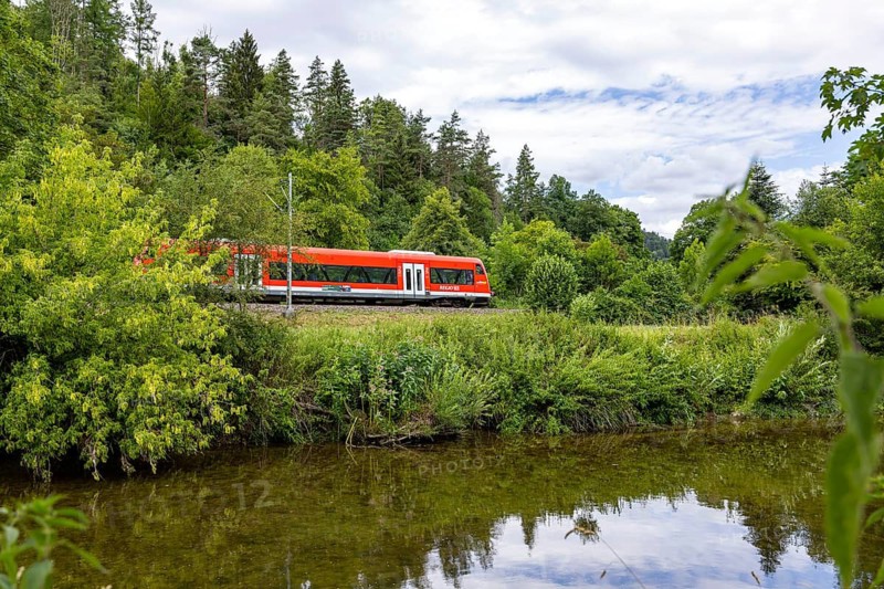 Regional train on the Gäu railway line near Oberndorf am Neckar. Oberndorf am Neckar Baden-Württemberg, Germany