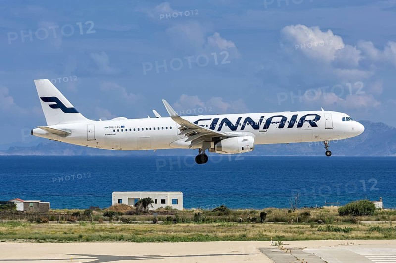 A Finnair Airbus A321 aircraft with the OH-LZG license plate at Rhodes airport, Greece