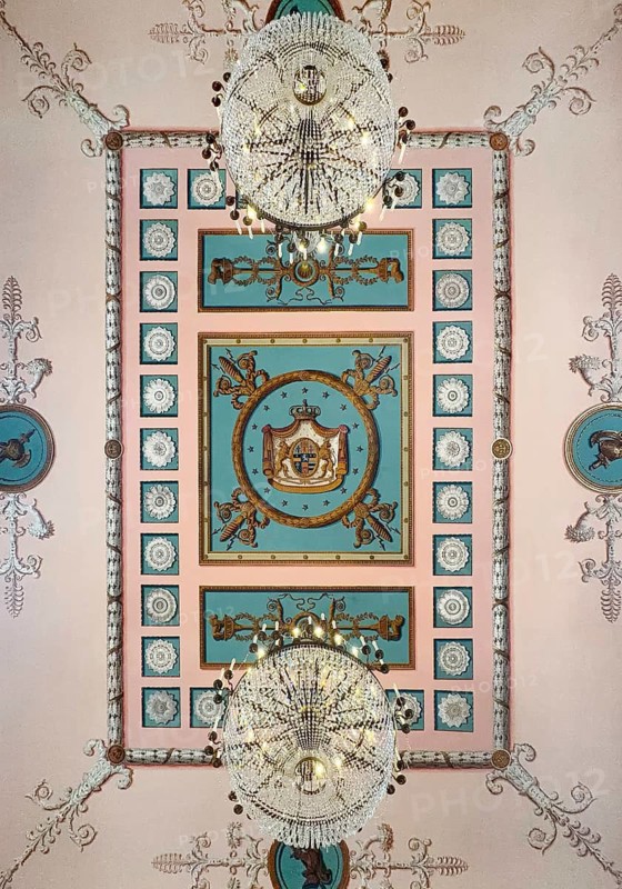 Ceiling view, marble hall, historic rooms in the city palace, baroque quarter, Fulda, Hesse, Germany