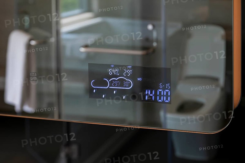 Bath mirror with digital display weather, humidity, temperature, time, date, Pattaya, Thailand