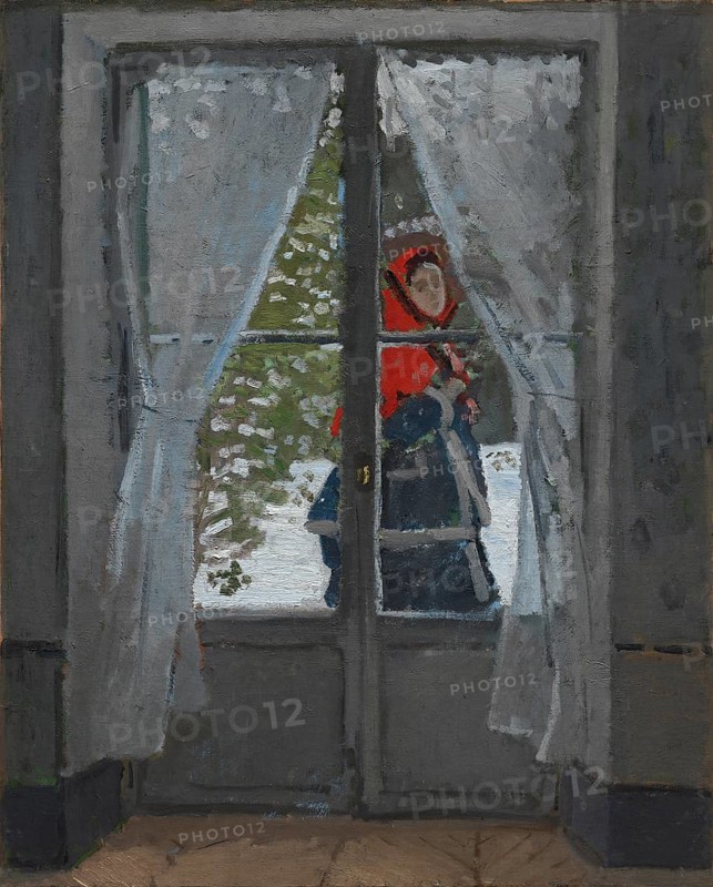 Claude Monet (b. 14 November 1840 in Paris as Oscar-Claude Monet, d. 5 December 1926) important French painter, Impressionist style. Here is his work, The Red Kerchief (c. 1868-73), The Red Kerchief (c. 1868-73), view through a window of a woman in the snow, cosy and quiet winter scene