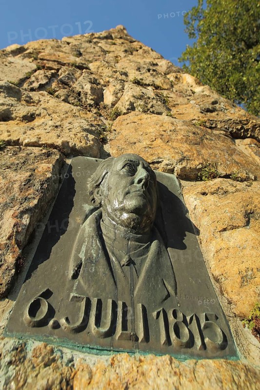 Relief of Johann Wolfgang von Goethe 1749-1832 at Goethestein, head, July 06, 1815, year with date, looking up, perspective, obelisk, stone, Frauenstein, Wiesbaden, Rheingau, Taunus, Hesse, Germany