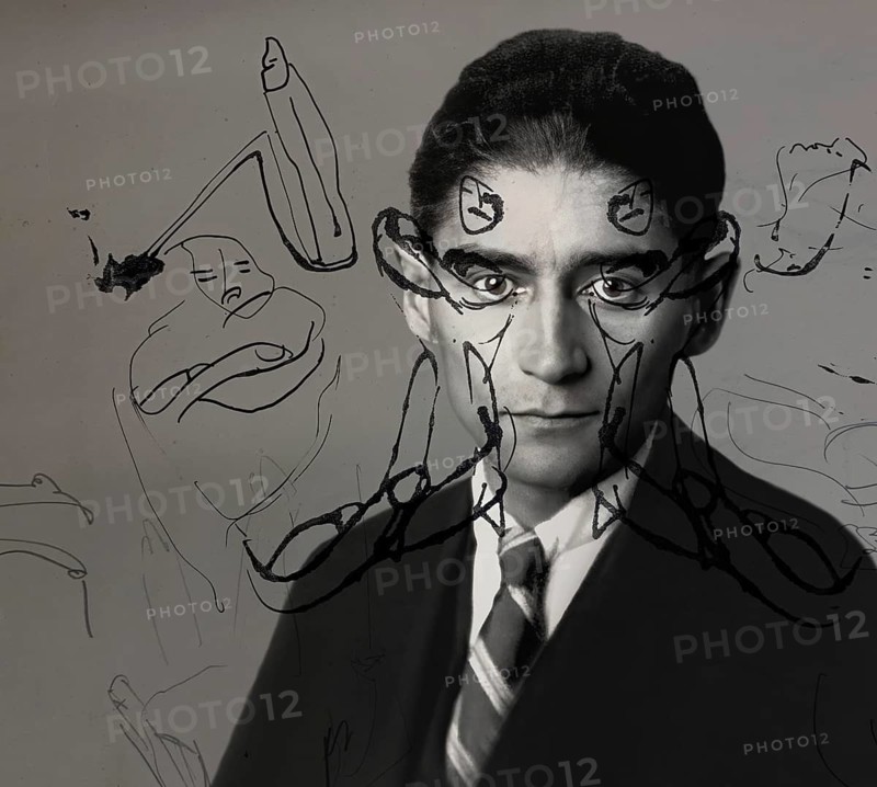 Portrait and a drawing of Franz Kafka, German-speaking Bohemian novelist, digitally edited according to a photograph taken 1923