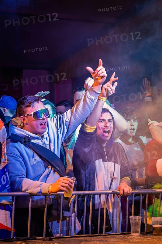 Young people celebrate with energy and smoke at a concert, carnival, Schlagerkuchen Donzdorf, Göppingen district, Germany
