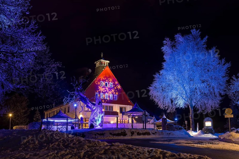 Illuminated Bühlhaus at night, in front of it the old Bühl beech and the new Bühl beech (Fagus), Eibenstock in winter, Erzgebirge, Saxony, Germany