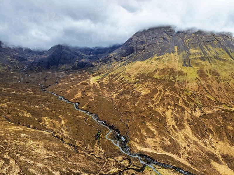 Fairy Pools and Waterfalls from a drone, Glen Brittle, Black Cuillin, Isle of Skye, Scotland, England, United Kingdom