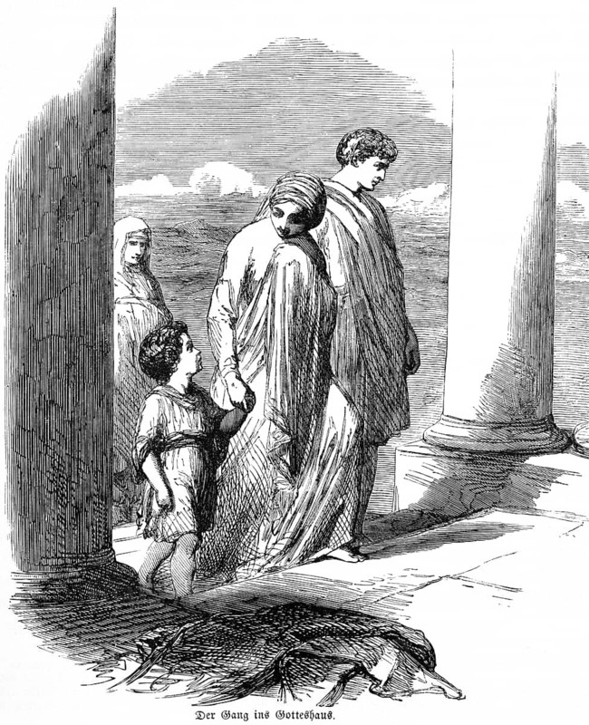 The Walk to the Church, The Preacher Solomon or Solomon, Family, Church, Temple, Father, Mother, Child, Faith, Piety, Going to Church, Entering, Old Testament, Bible, Historical Illustration 1877