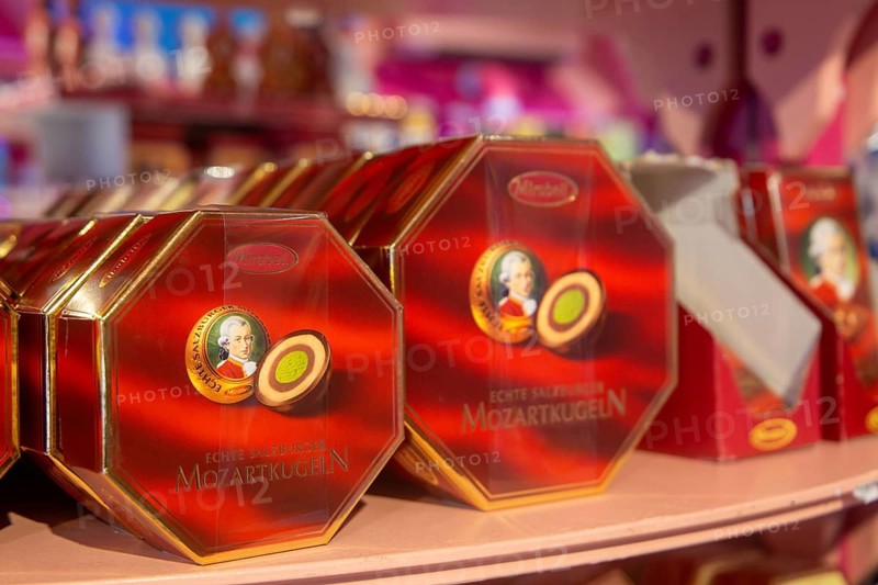 Close-up of Mozartkugeln in a shop in the famous Getreidegasse in Salzburg