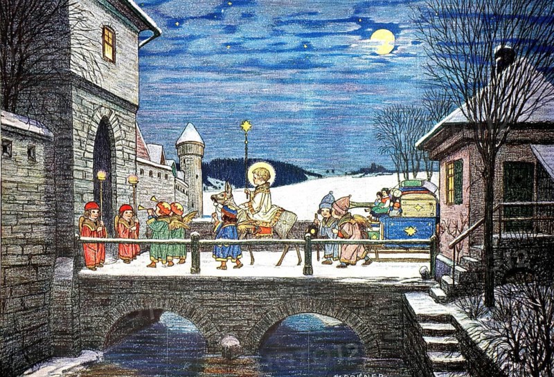 Illustration shows a traditional Christmas scene depicting the arrival of the Christ Child, a work by Allgäu artist Josef Madlener. You can see the Christ Child riding a donkey across a bridge, accompanied by angels carrying lanterns and playing trumpet, illustration, reproduction of a model from the 19th century. Authentic, file restored for optimal use, exact date of submission unknown, Historical, A festive nocturnal procession across a snowy bridge with monks and a carriage in a medieval village